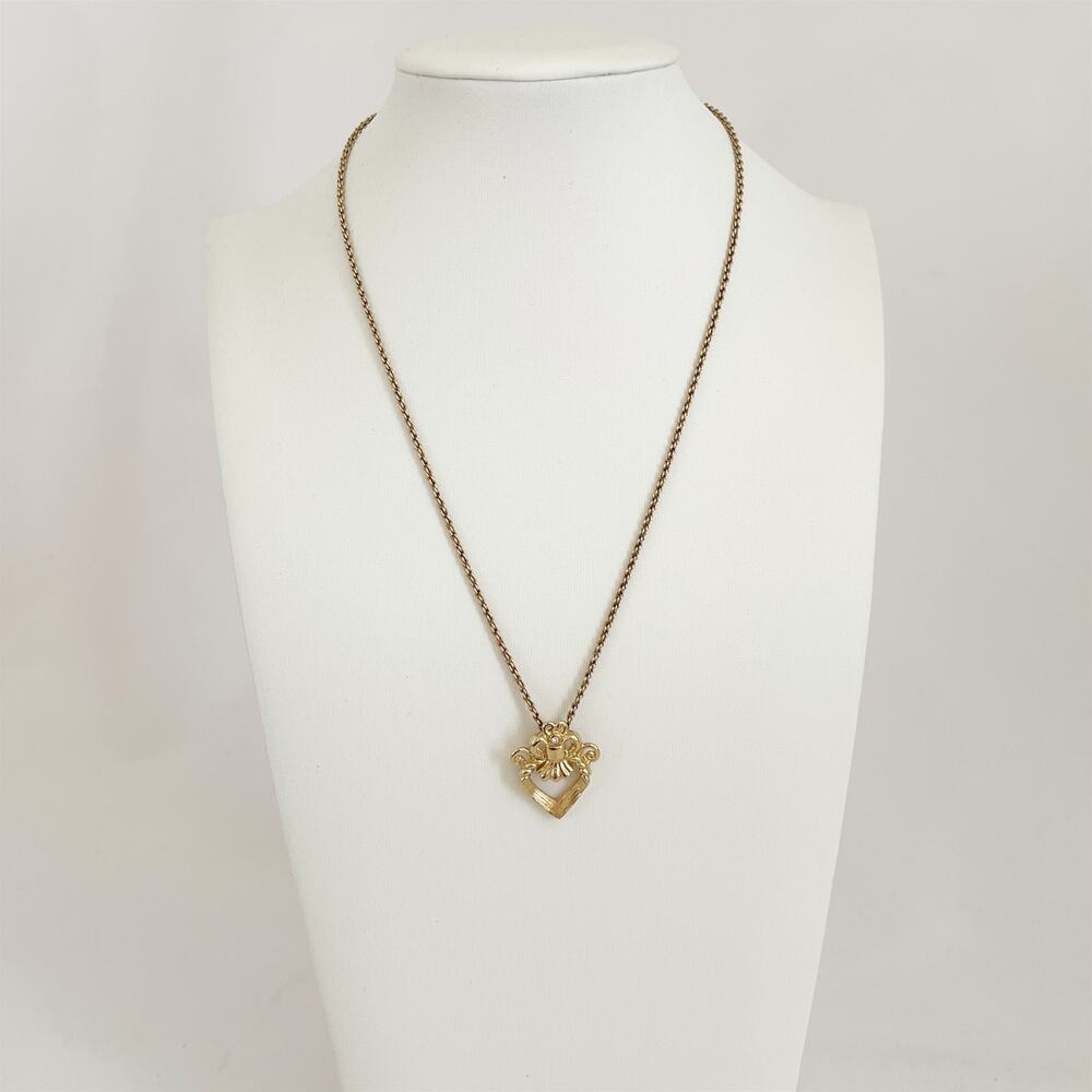 DIOR Vintage Necklace Heart Bow Gold Plated Rhinestone Pendant - Picture 3 of 10